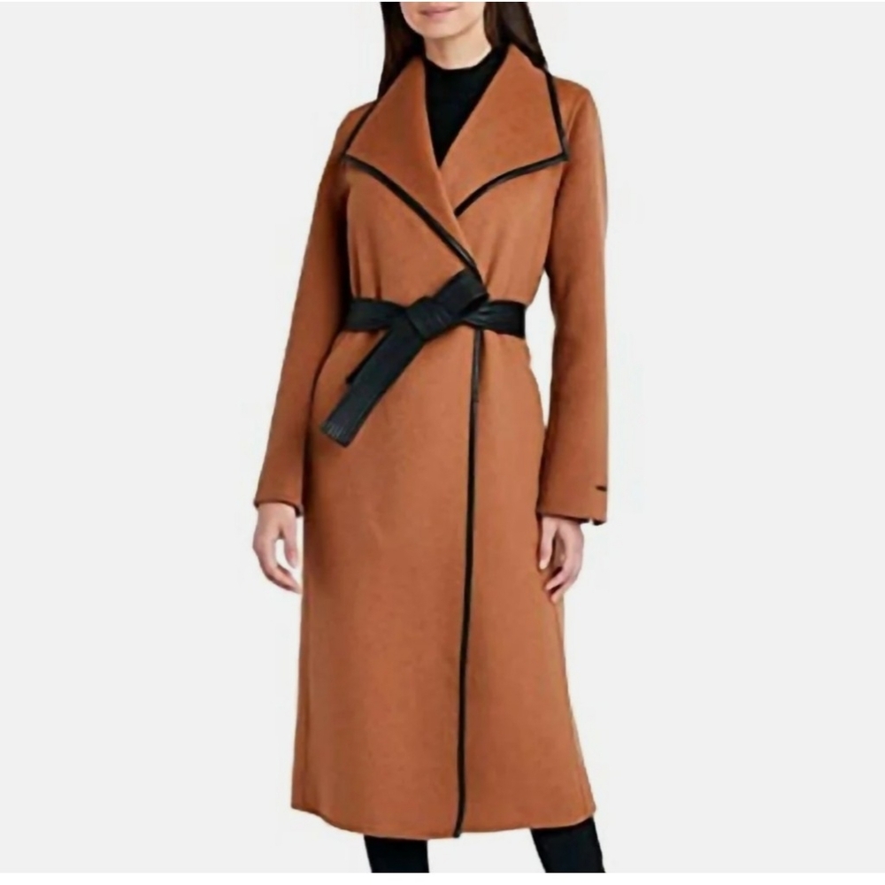Tahari Tan and Black Trench Coat with Elegant Silhouette